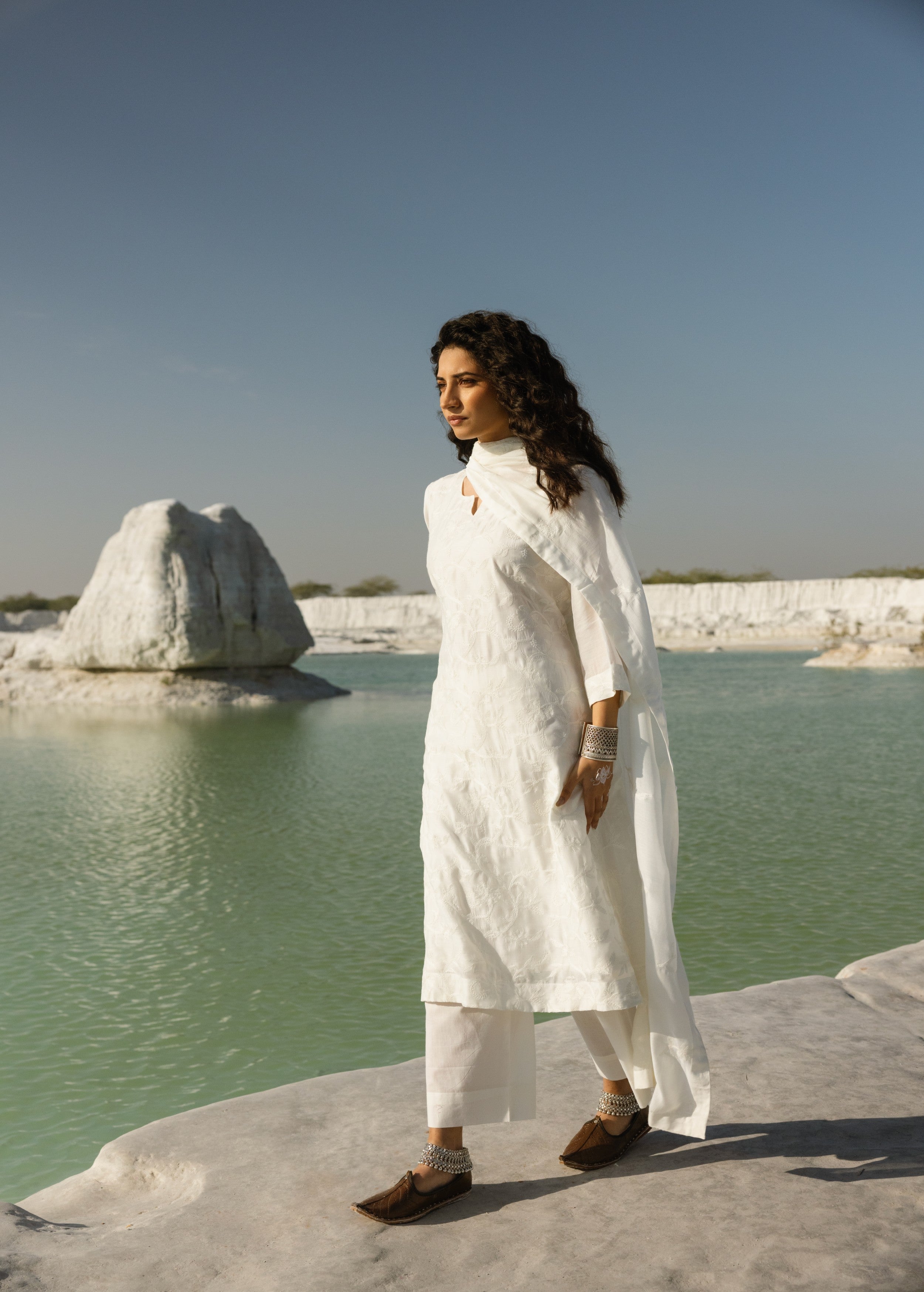 White Embroidered Mul-Chanderi Silk Pant Set
