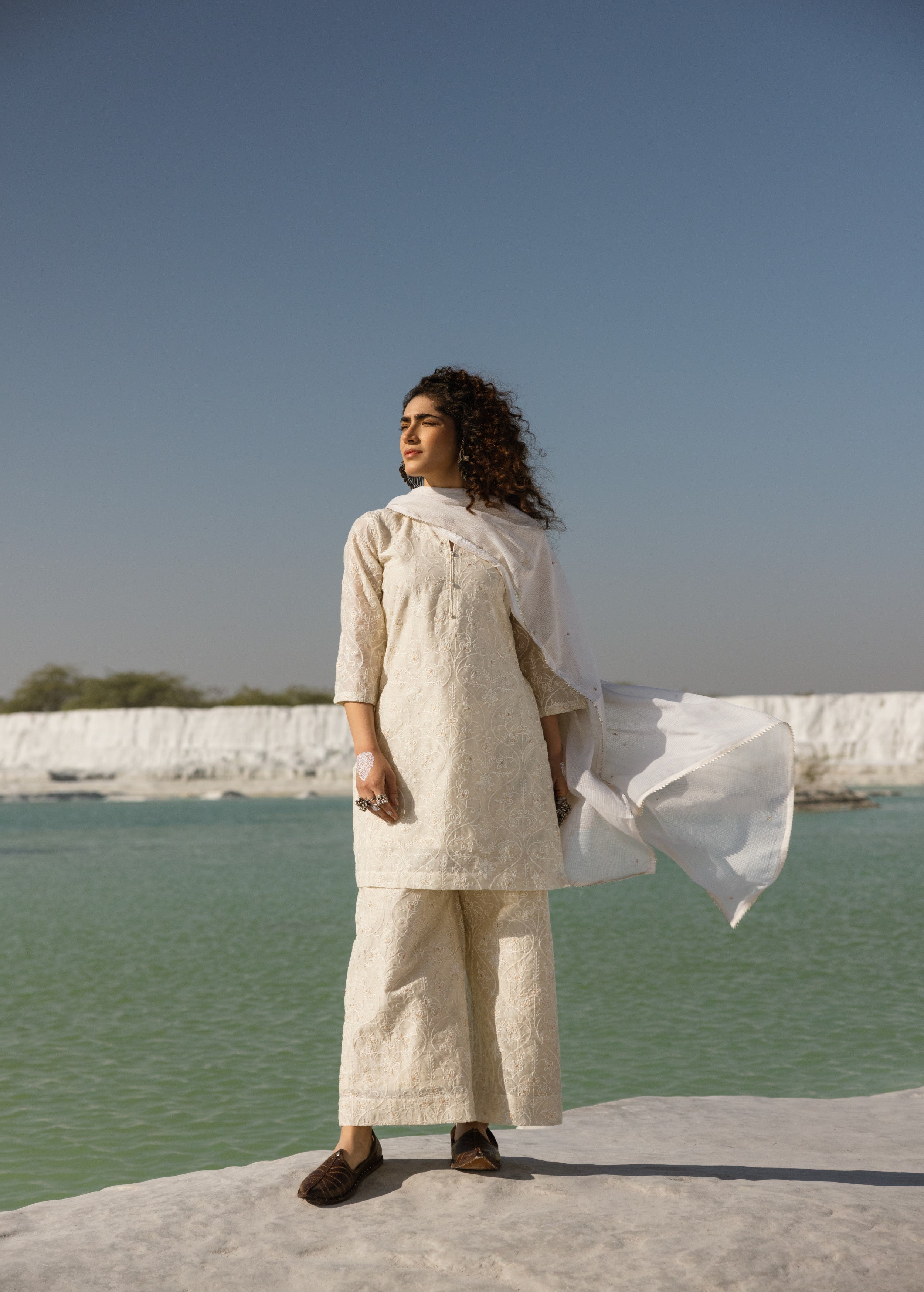 Off-White Embroidered Chanderi Silk Pant Set