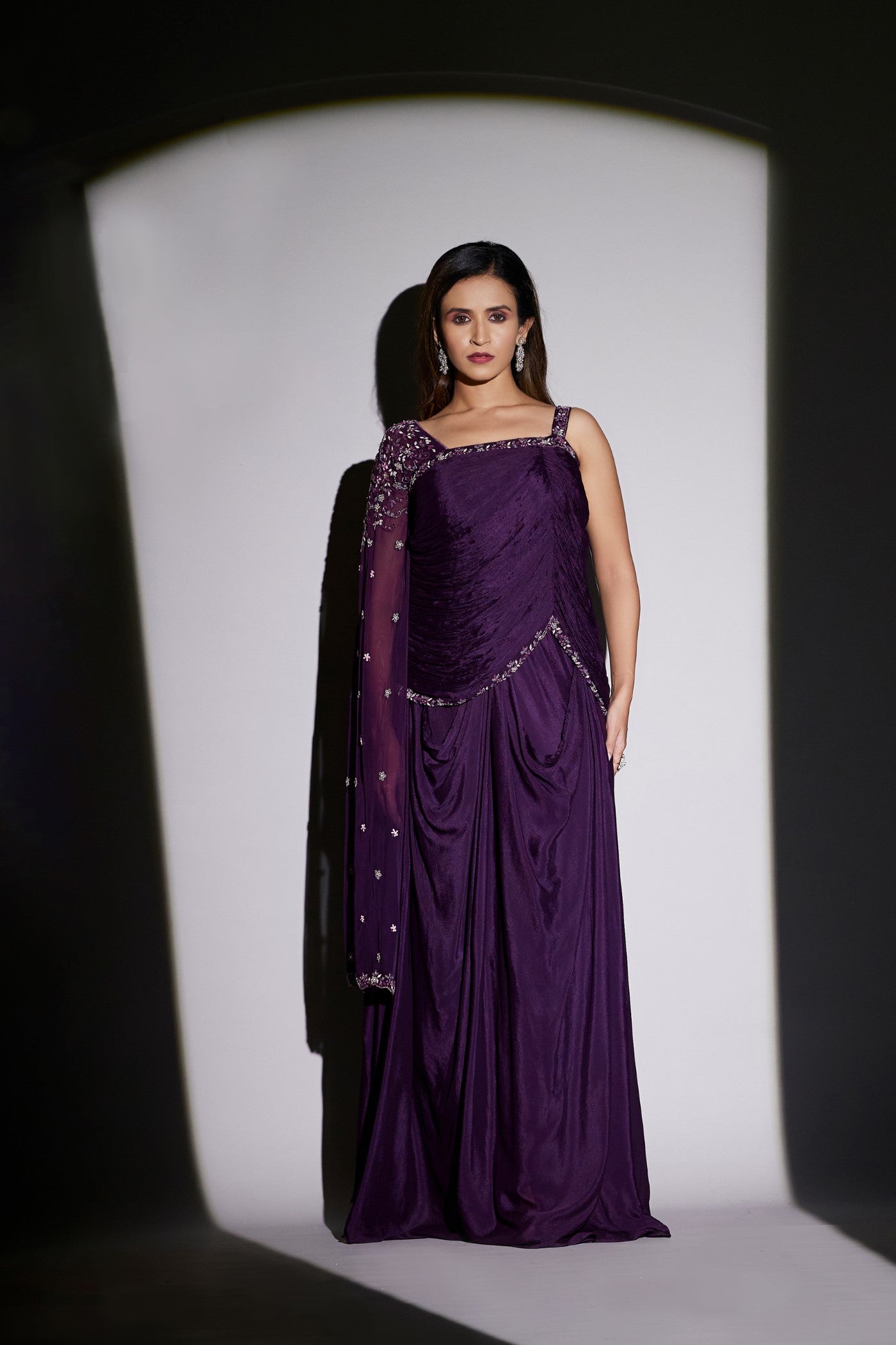 Purple Pure Chinon Silk Draped Gown