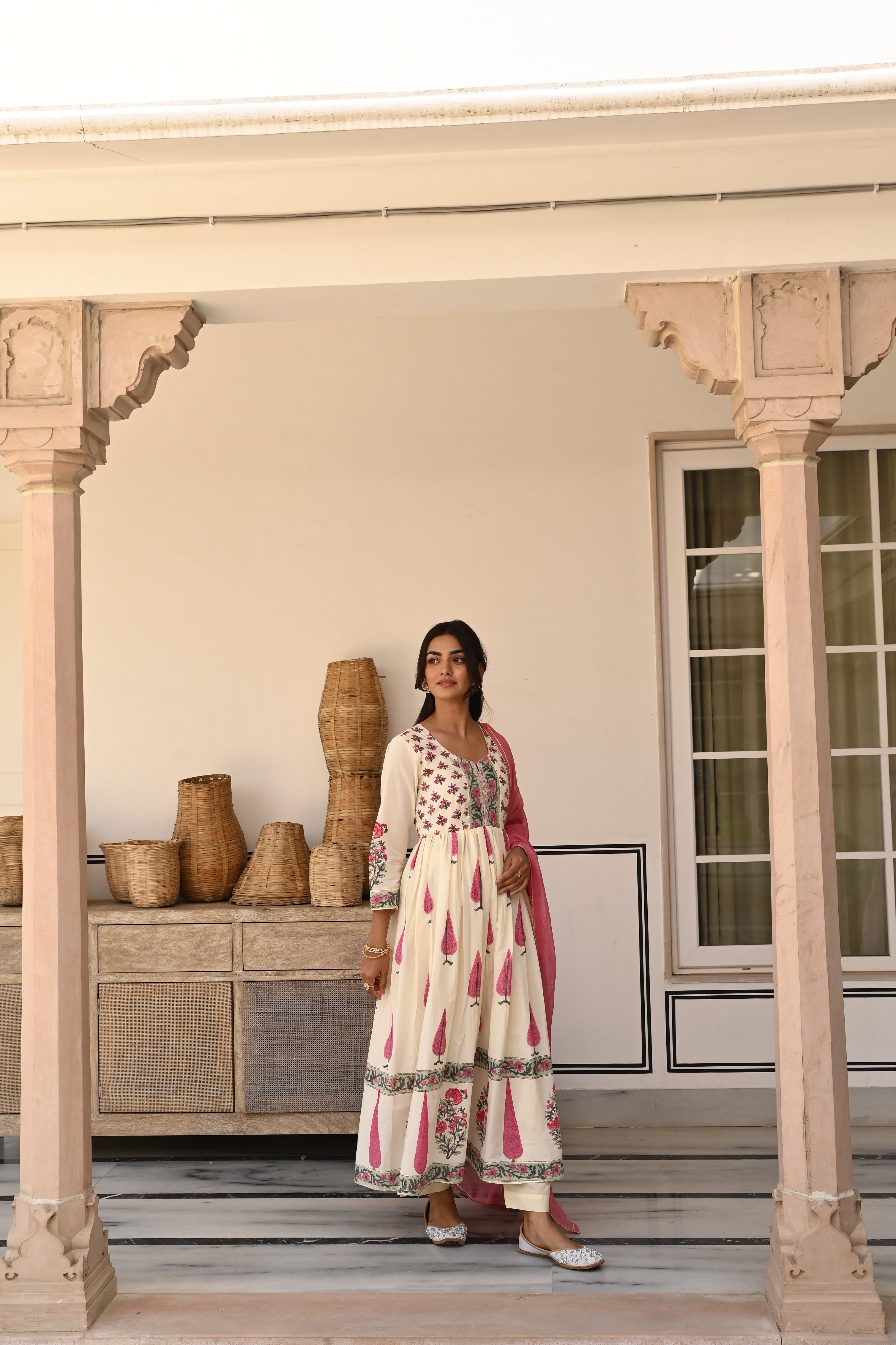 Rose Pink Printed Cotton Anarkali Set