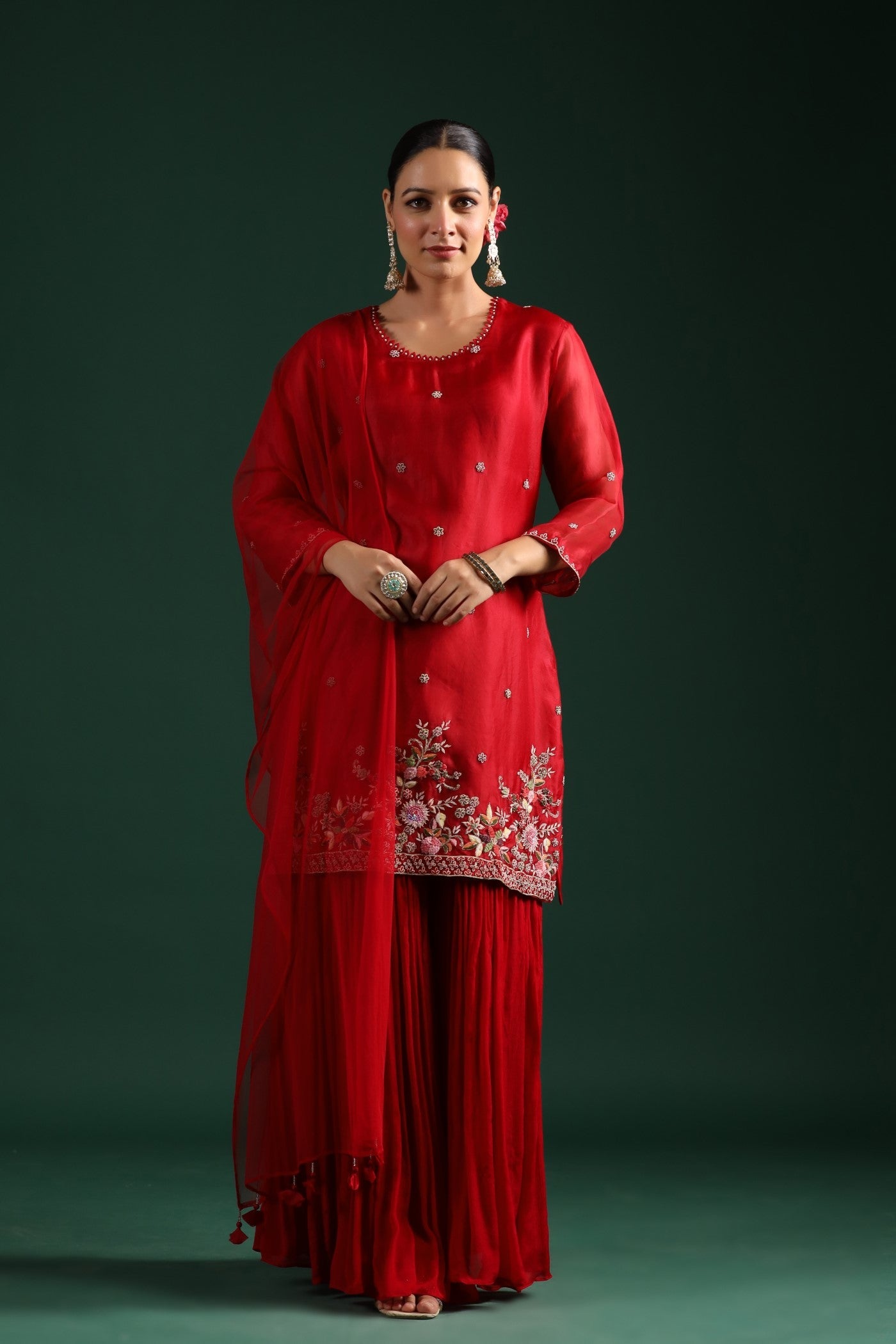 Red Embellished Sharara Set