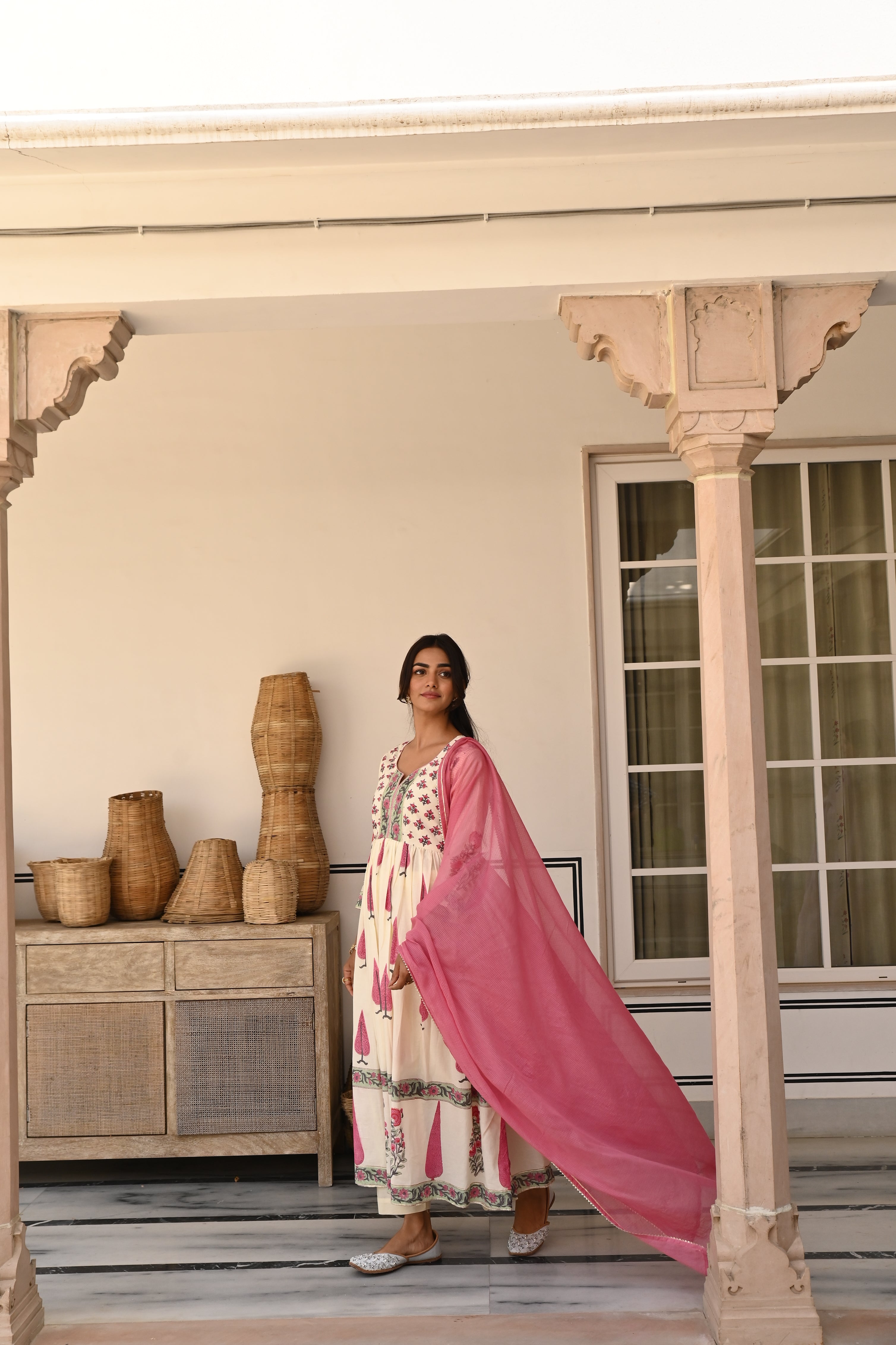 Rose Pink Printed Cotton Anarkali Set