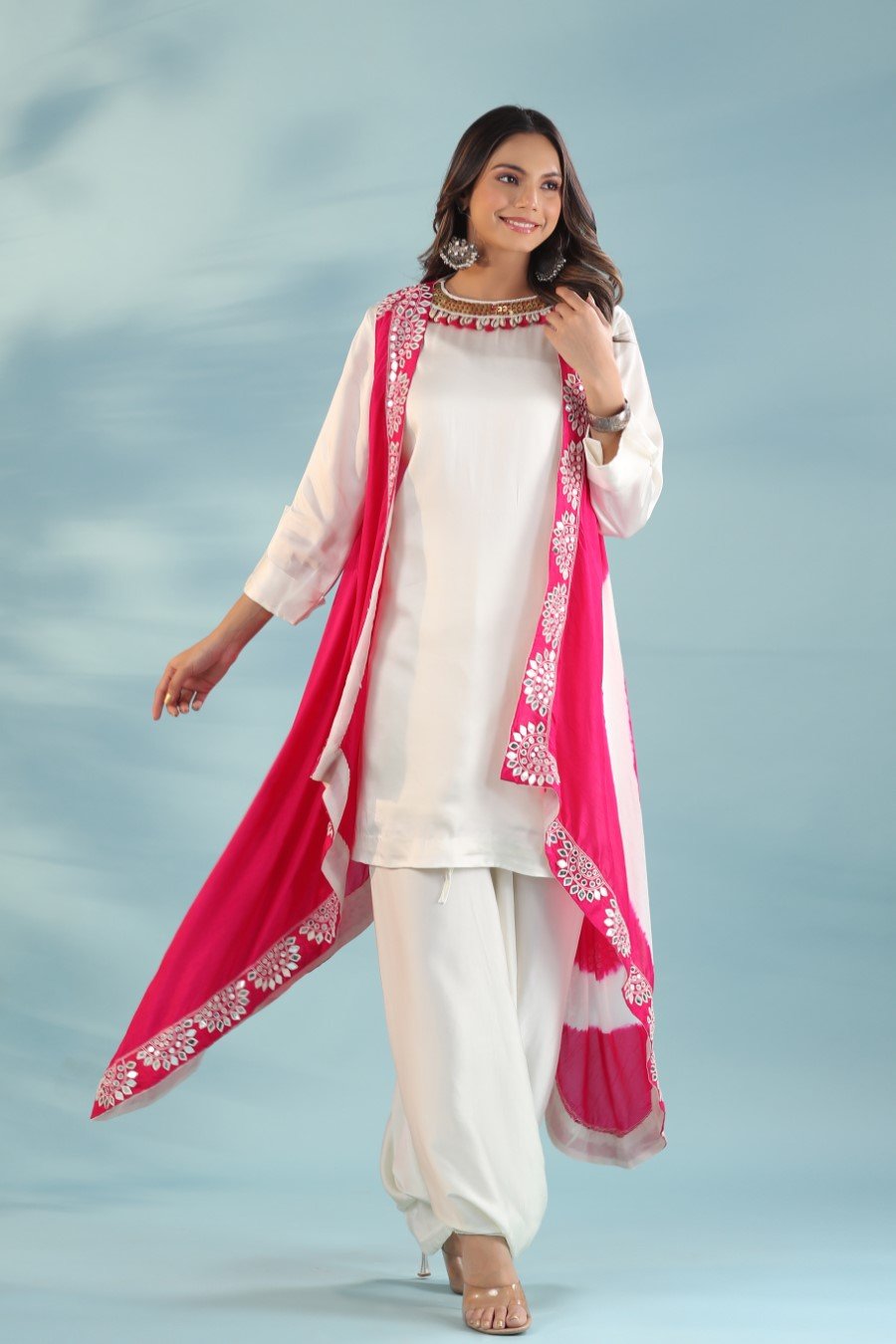 Pink Embellished Cape with Dhoti Pants & Tunic