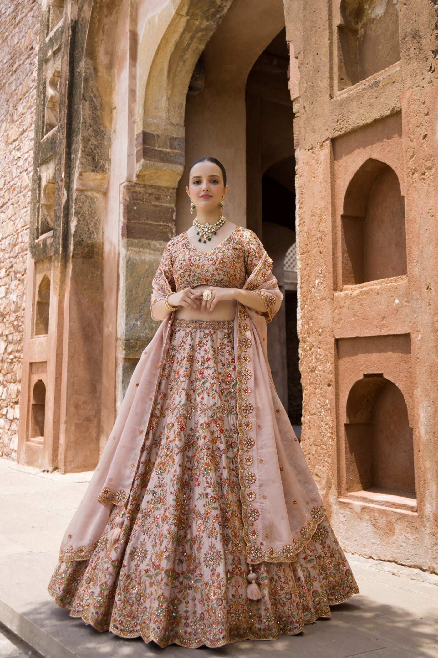 Peach Floral Embroidered Lehenga Set