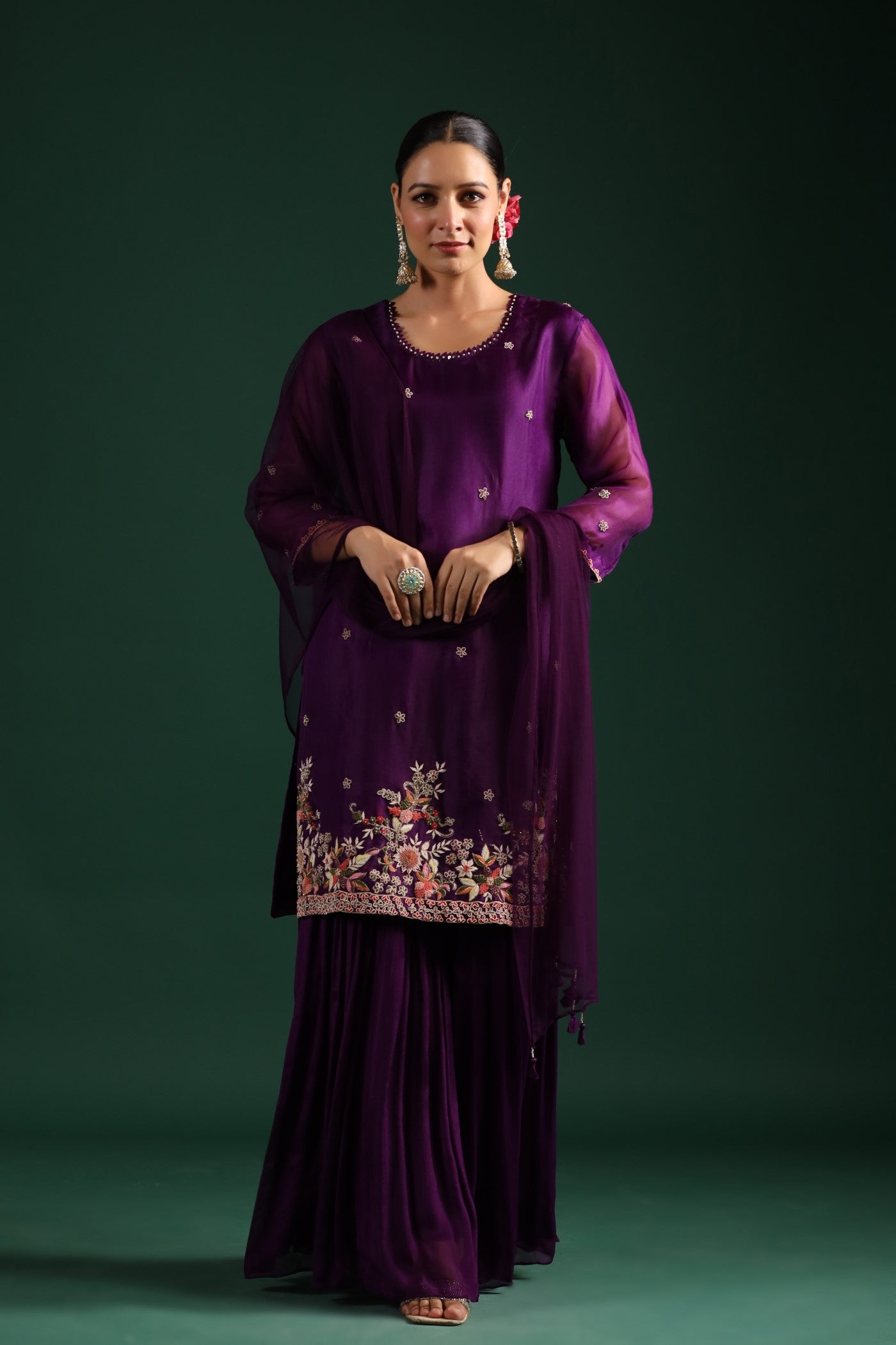 Wine Embellished Sharara Set