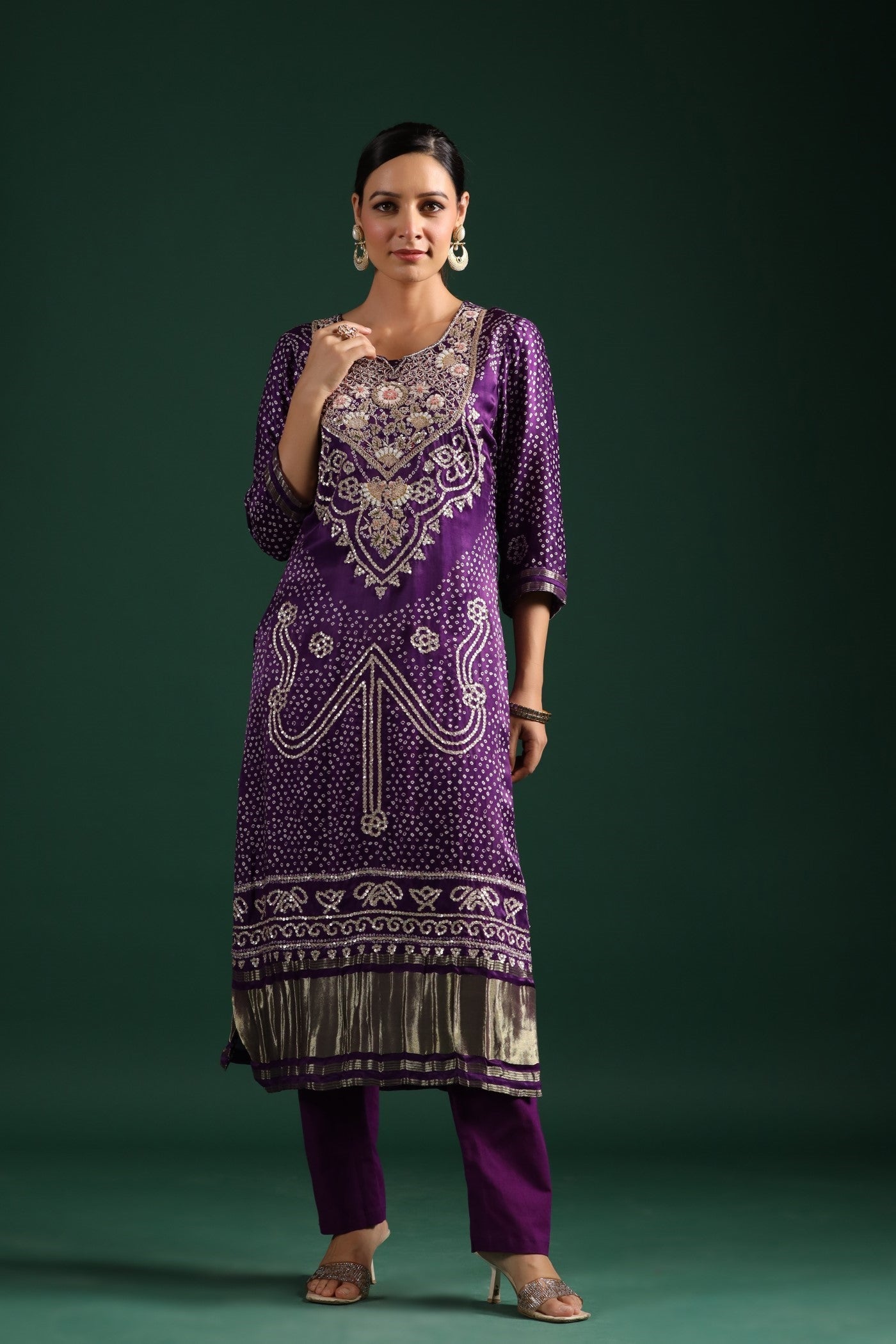 Purple Bandhani Embroidered Kurta Set