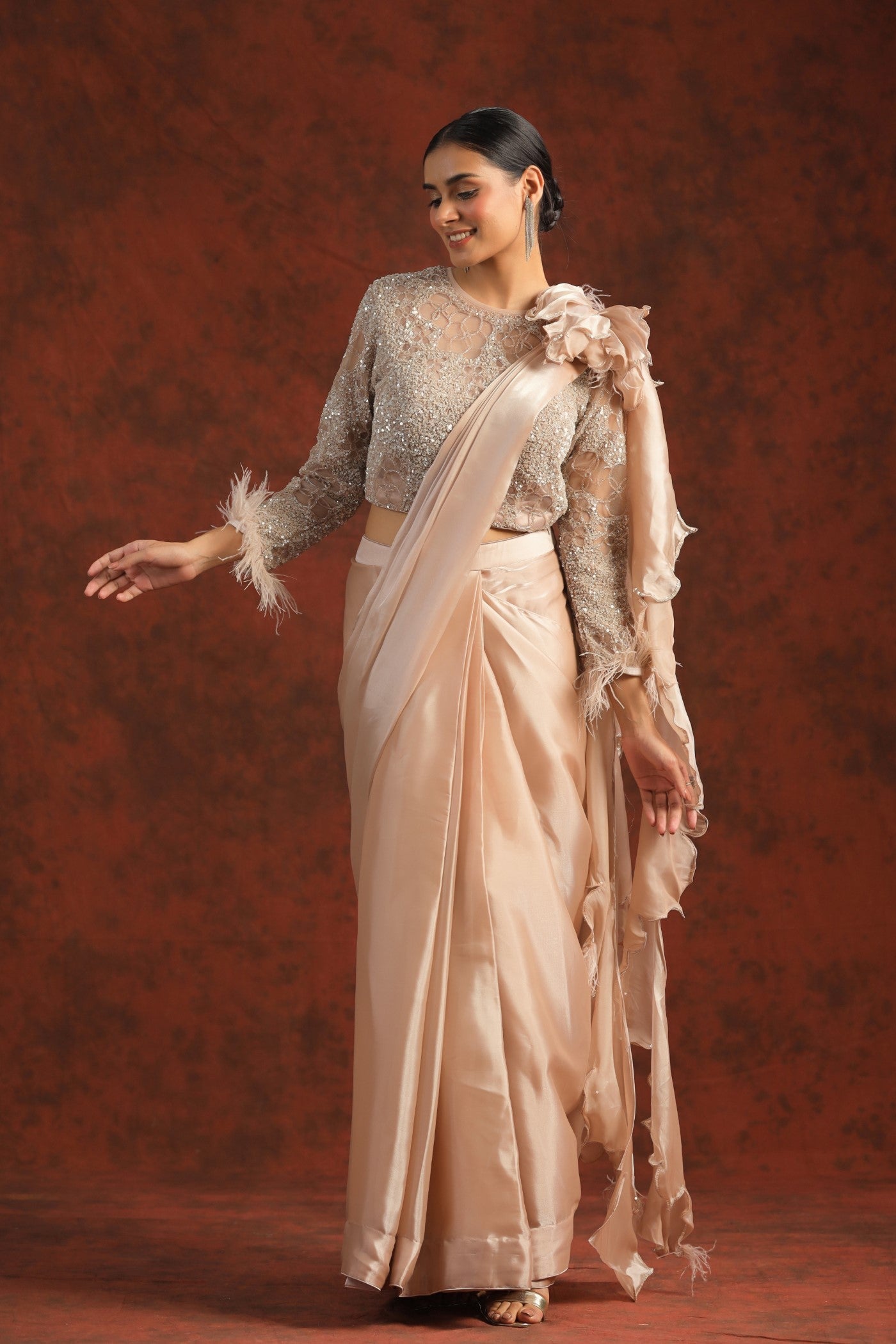 Pastel Peach Sequin Embellished Draped Saree