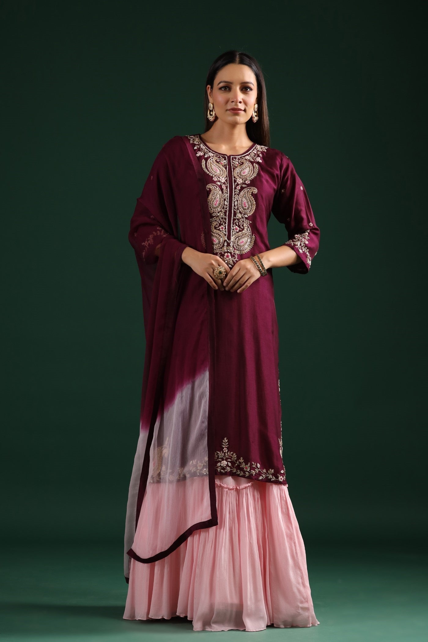 Wine Embroidered Kurta With Contrast Dress