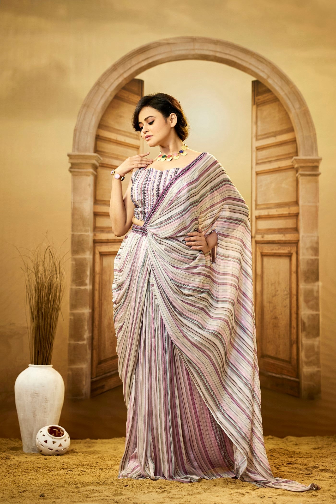 Pink Stripe Printed Pure Chinnon Draped Saree