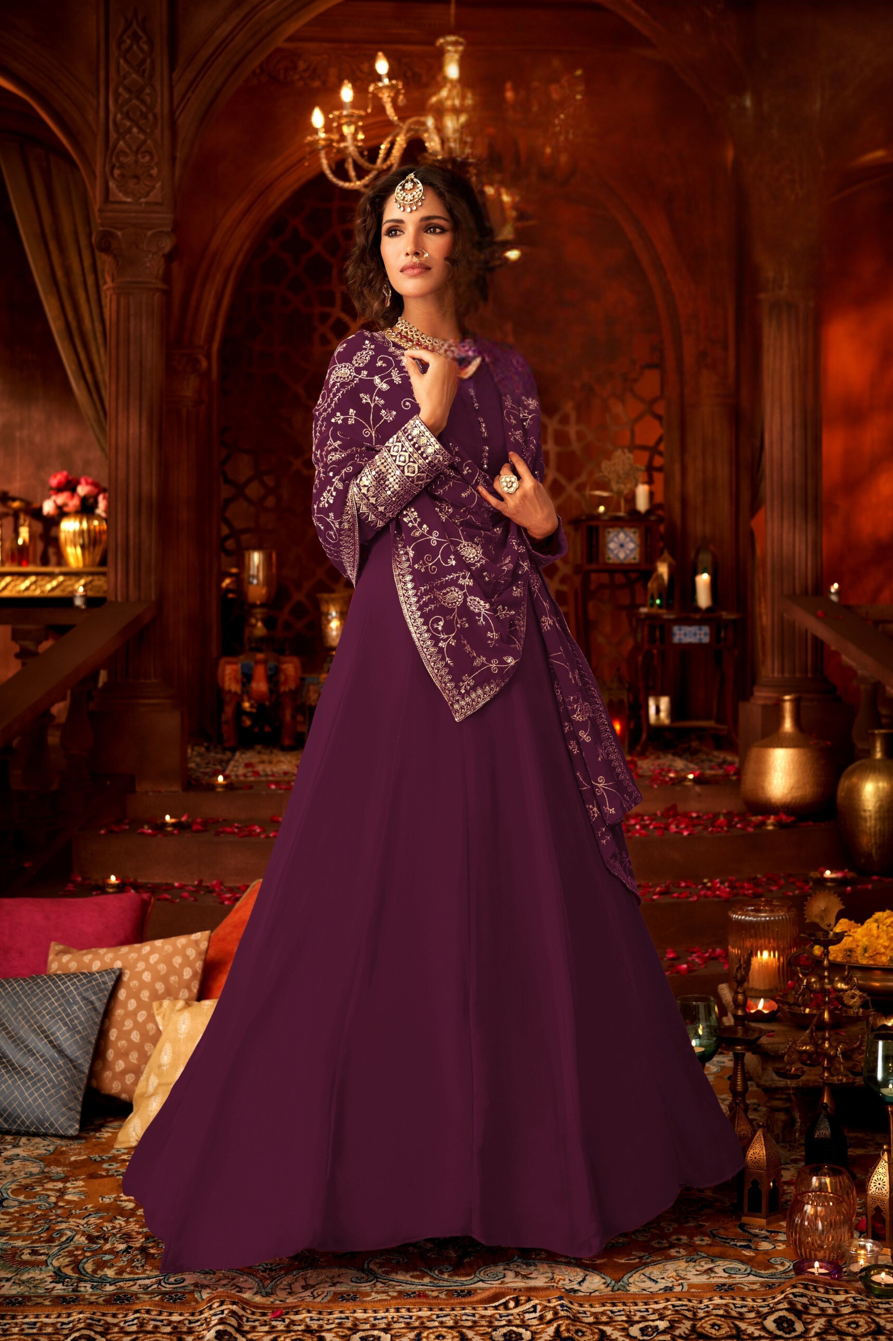 Wine Embellished Georgette Silk Anarkali Set