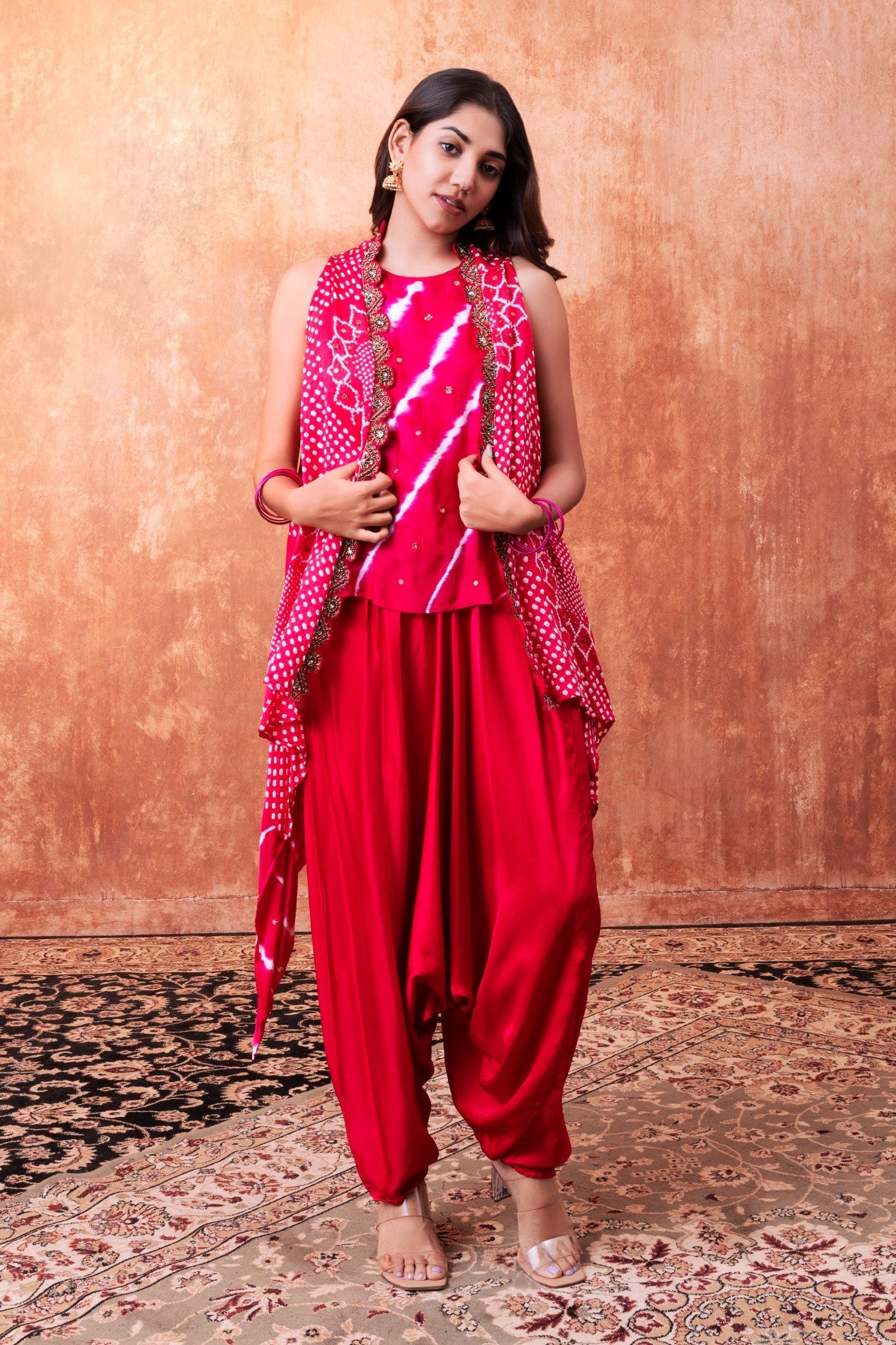 Red Bandhej Printed Embellished Cape Set