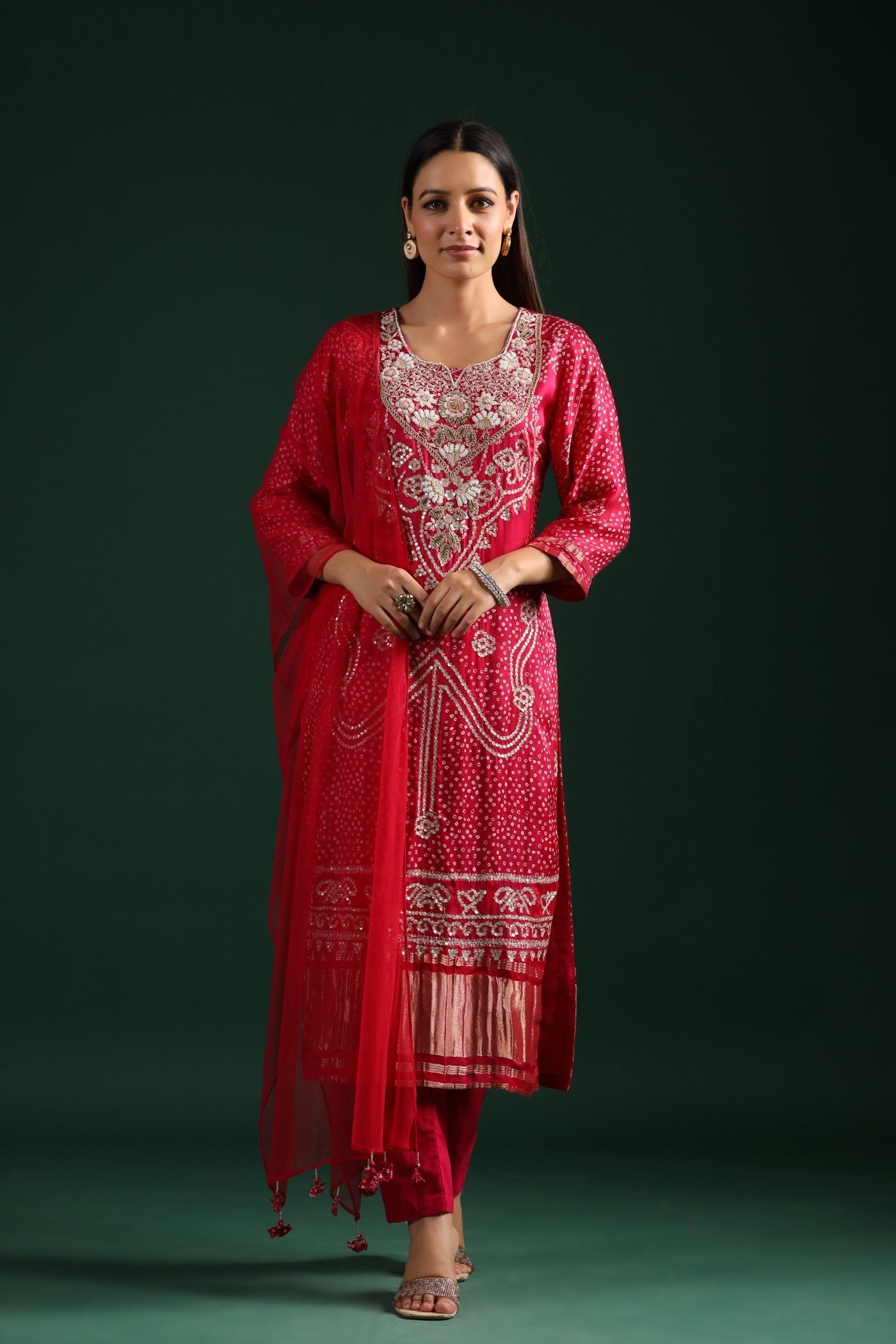 Festive Pink Bandhani Embroidered Kurta Set