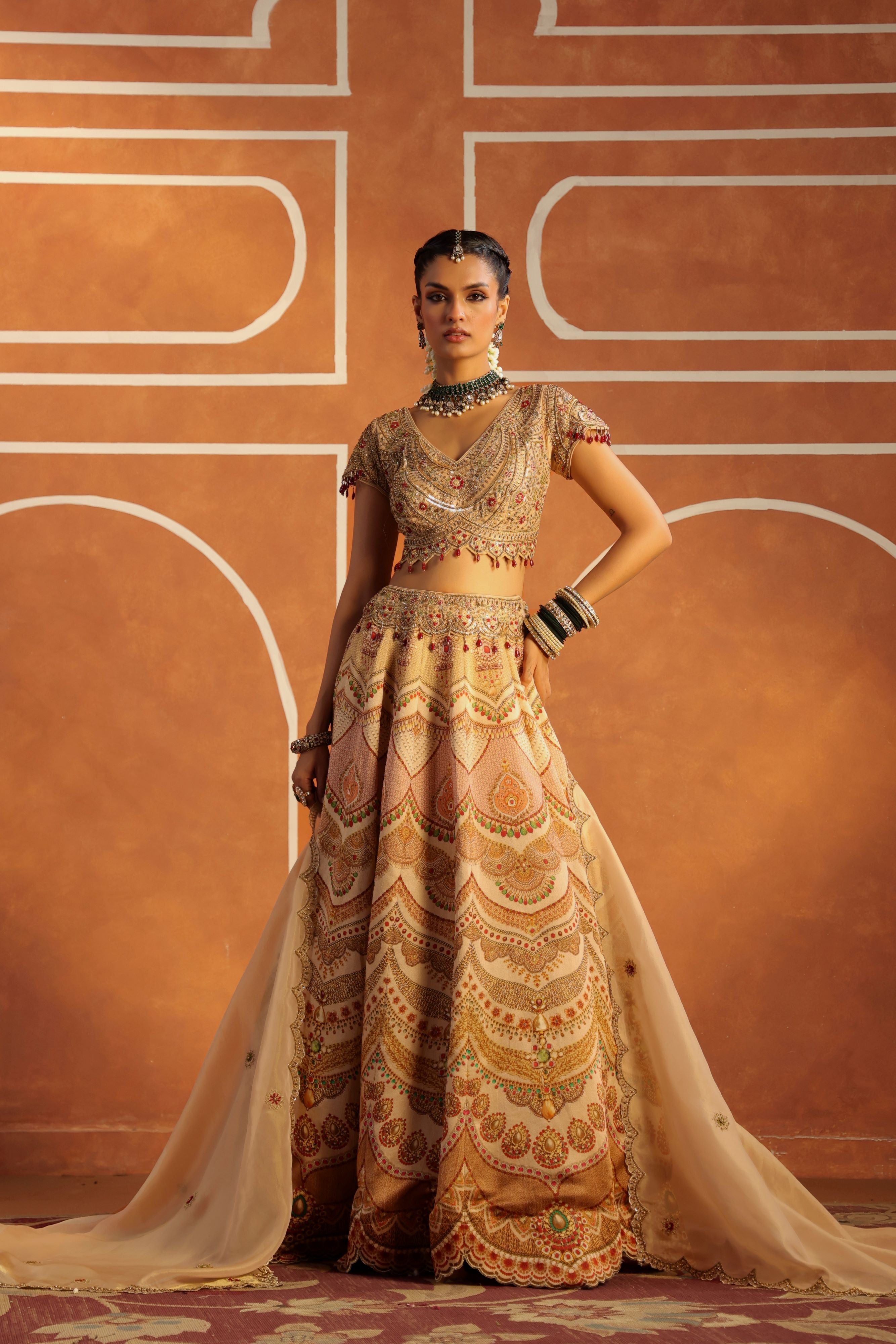 Soft Gold Embellished Satin Lehenga Set
