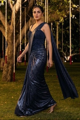 Twilight Blue Embellished Spandex Lycra Silk Draped Saree