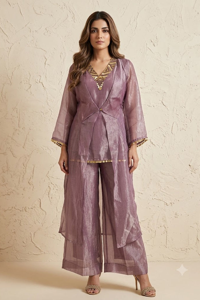 Misty Mauve Embellished Organza Silk Co-Ord Set