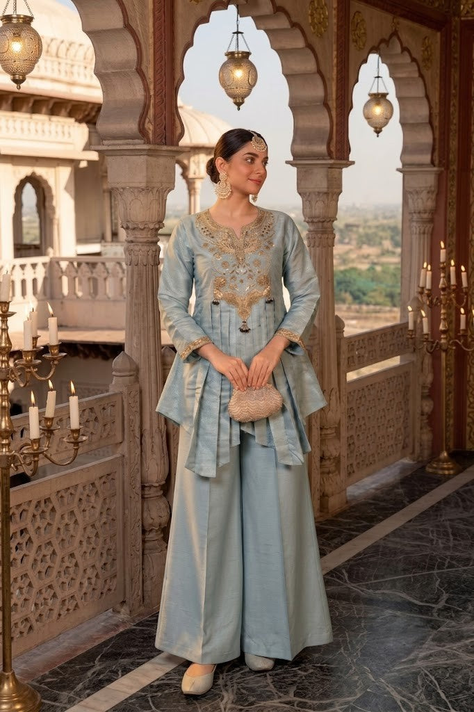 Baby Blue Embellished Brocade Silk Palazzo Set