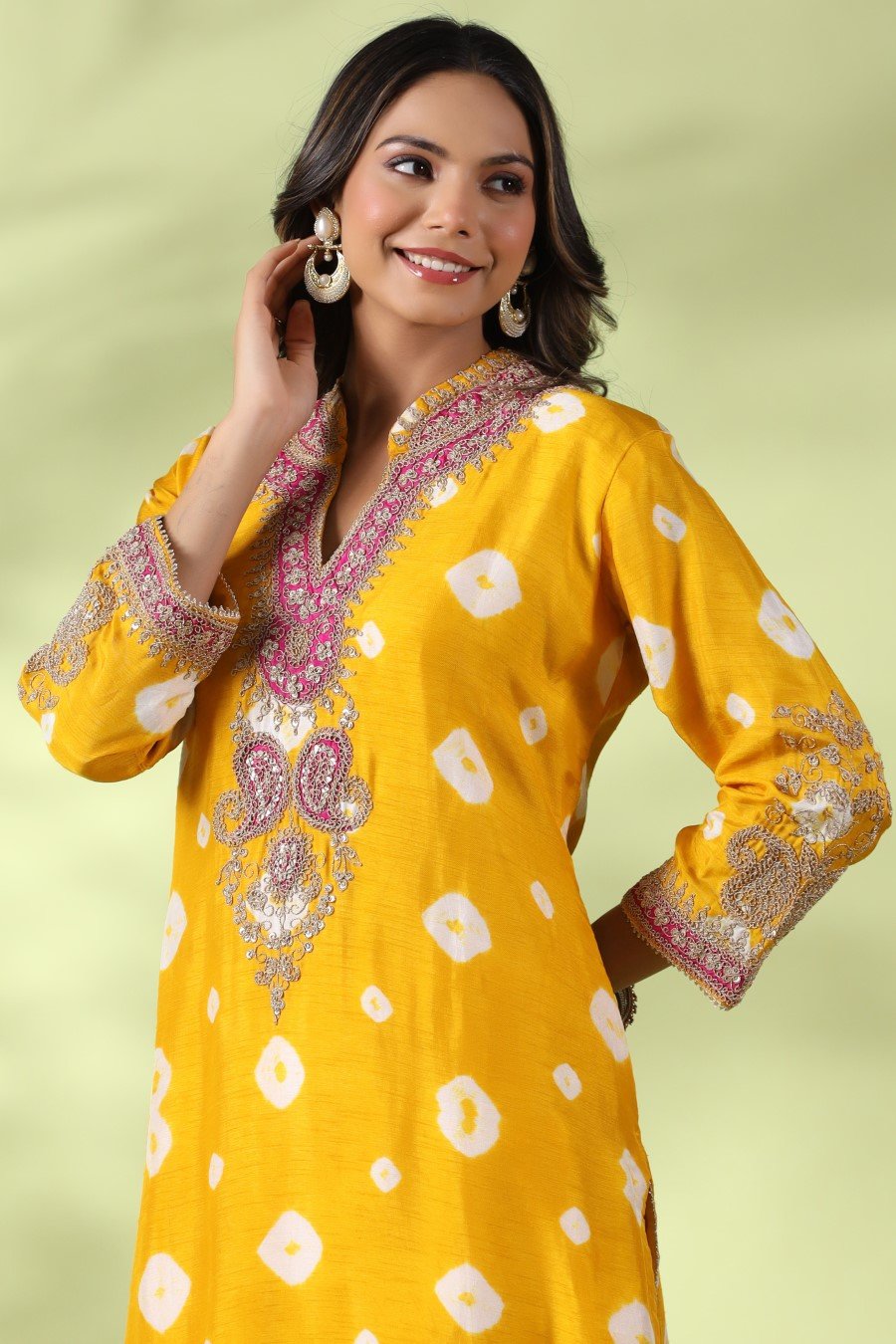 Yellow Bandhej & Zari Embroidered Kurta with Palazzo