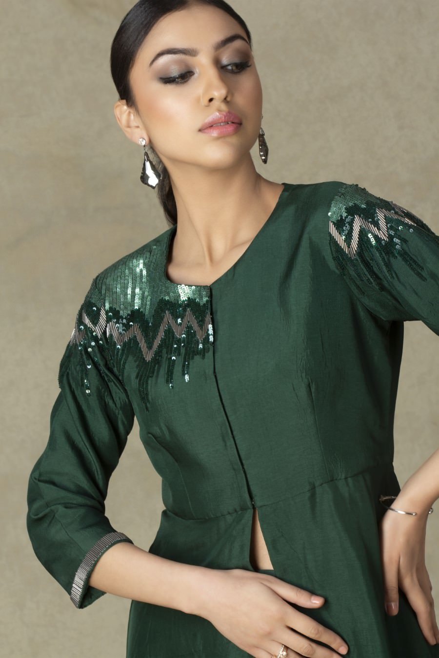 Asymmetrical Deep Green German Silk Kurta Pant Set