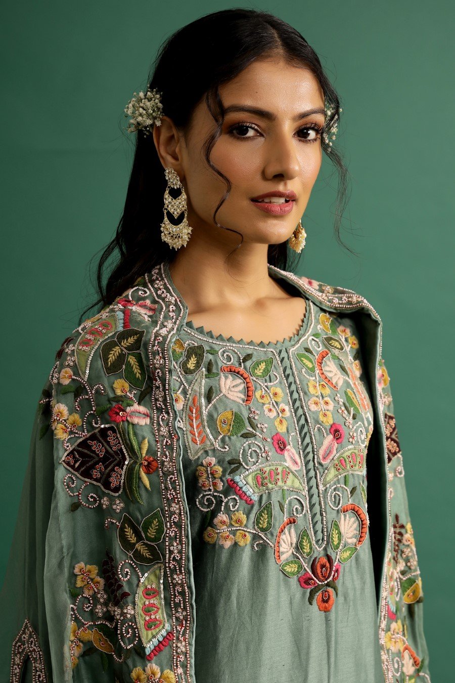Sage Green Floral Embroidered Sharara Set with Cape