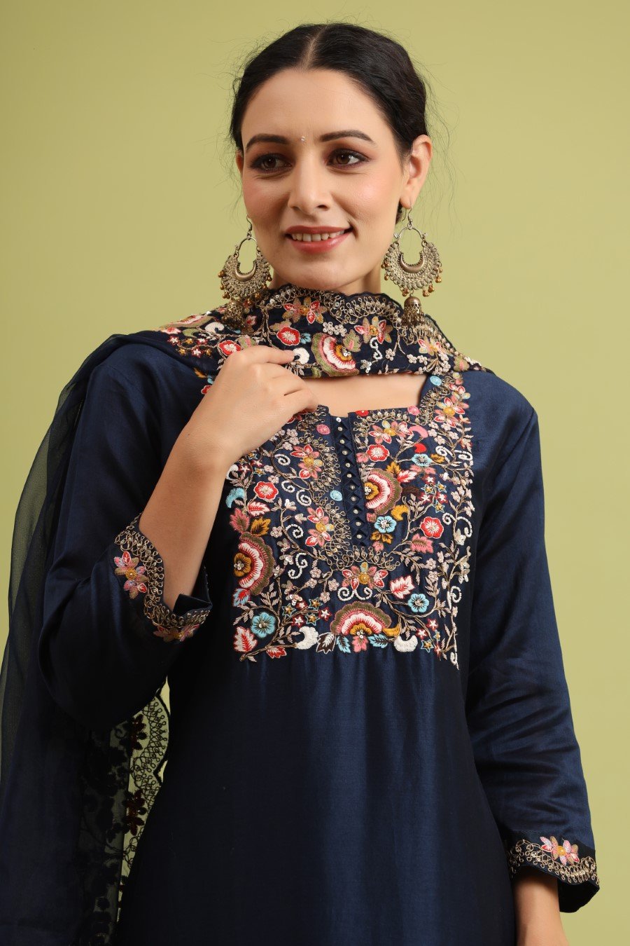 Navy Blue Modal Chanderi Embroidered Sharara Set