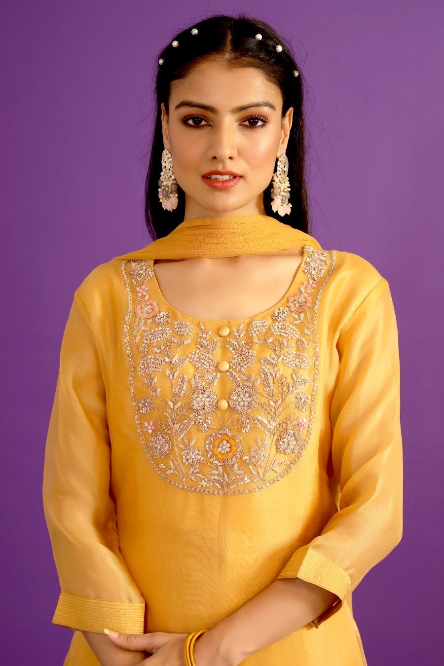 Fresh Yellow Organza Silk Embroidered Kurta Set