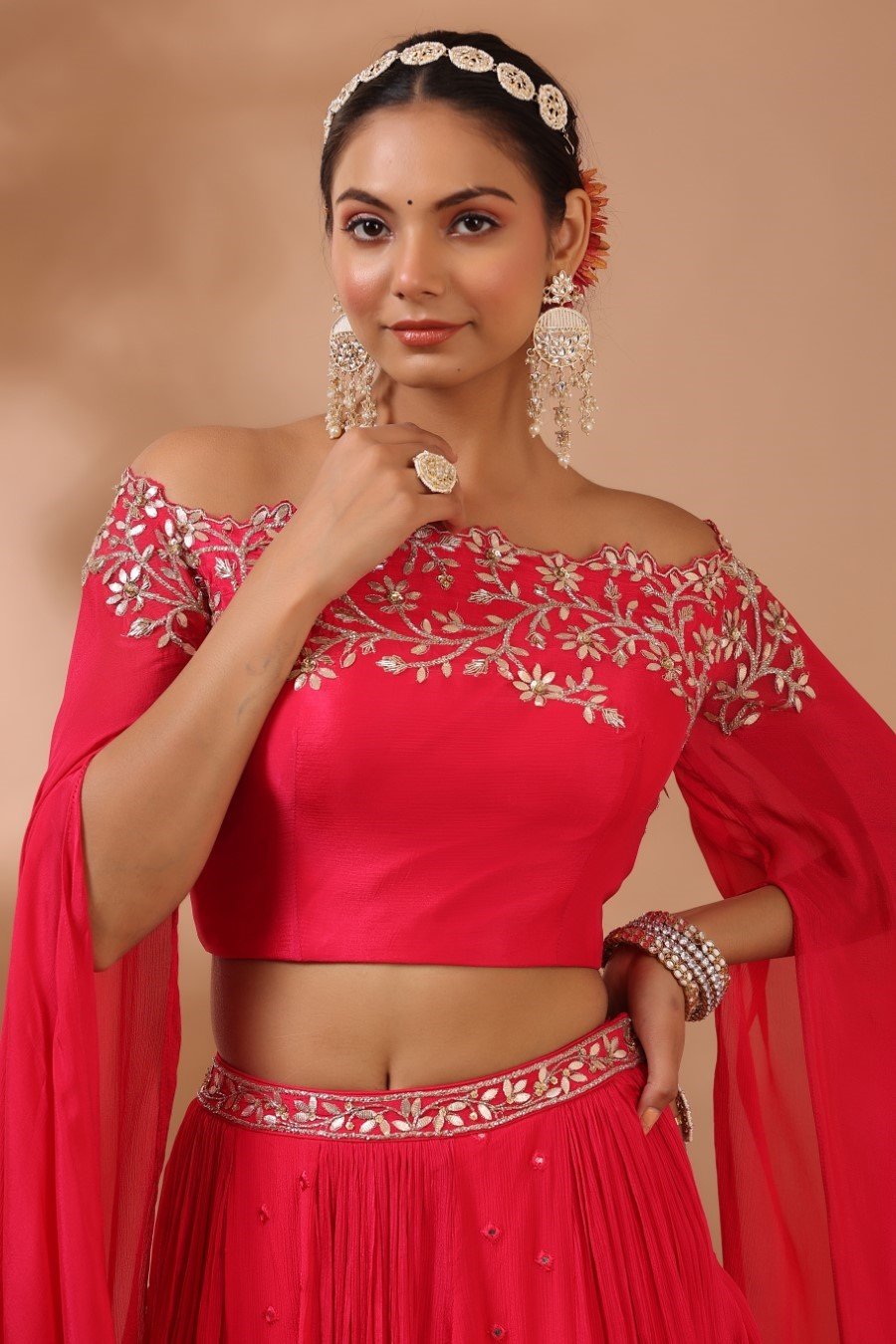 Cerise Pink Embroidered Indo Lehenga Set