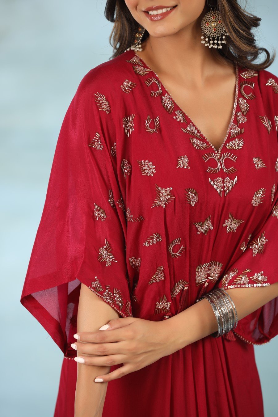 Wine Embellished Swiss Georgette Silk Kaftan