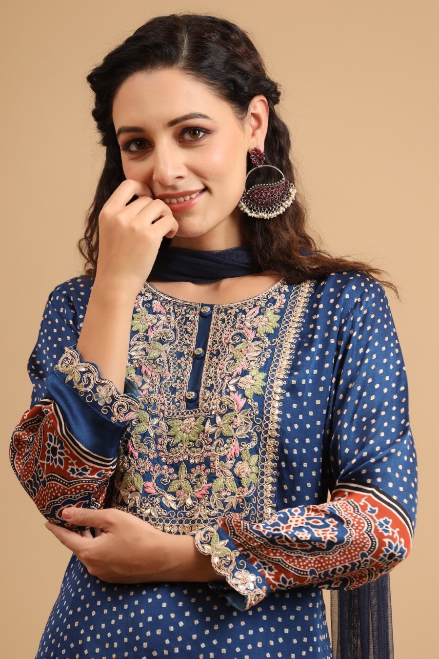 Royal Blue Bandhani &amp; Ajrakh Printed Kurta Set