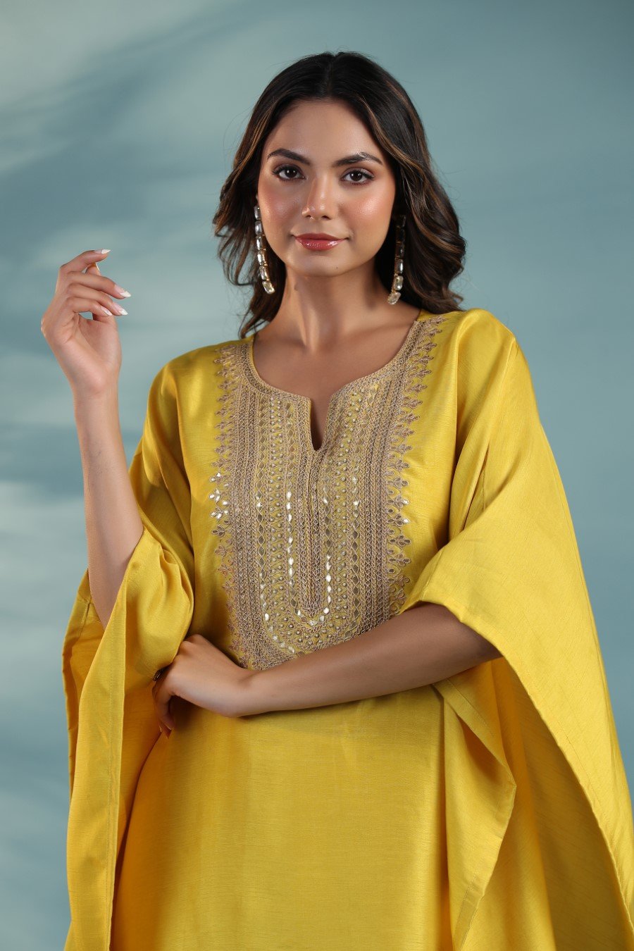 Yellow Ombre Embroidered Kaftan With Pants