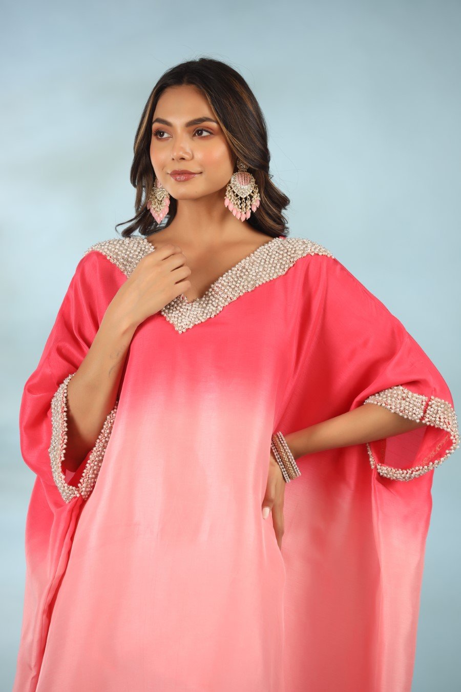 Pink Ombre Pearl Embroidered Kaftan With Pants