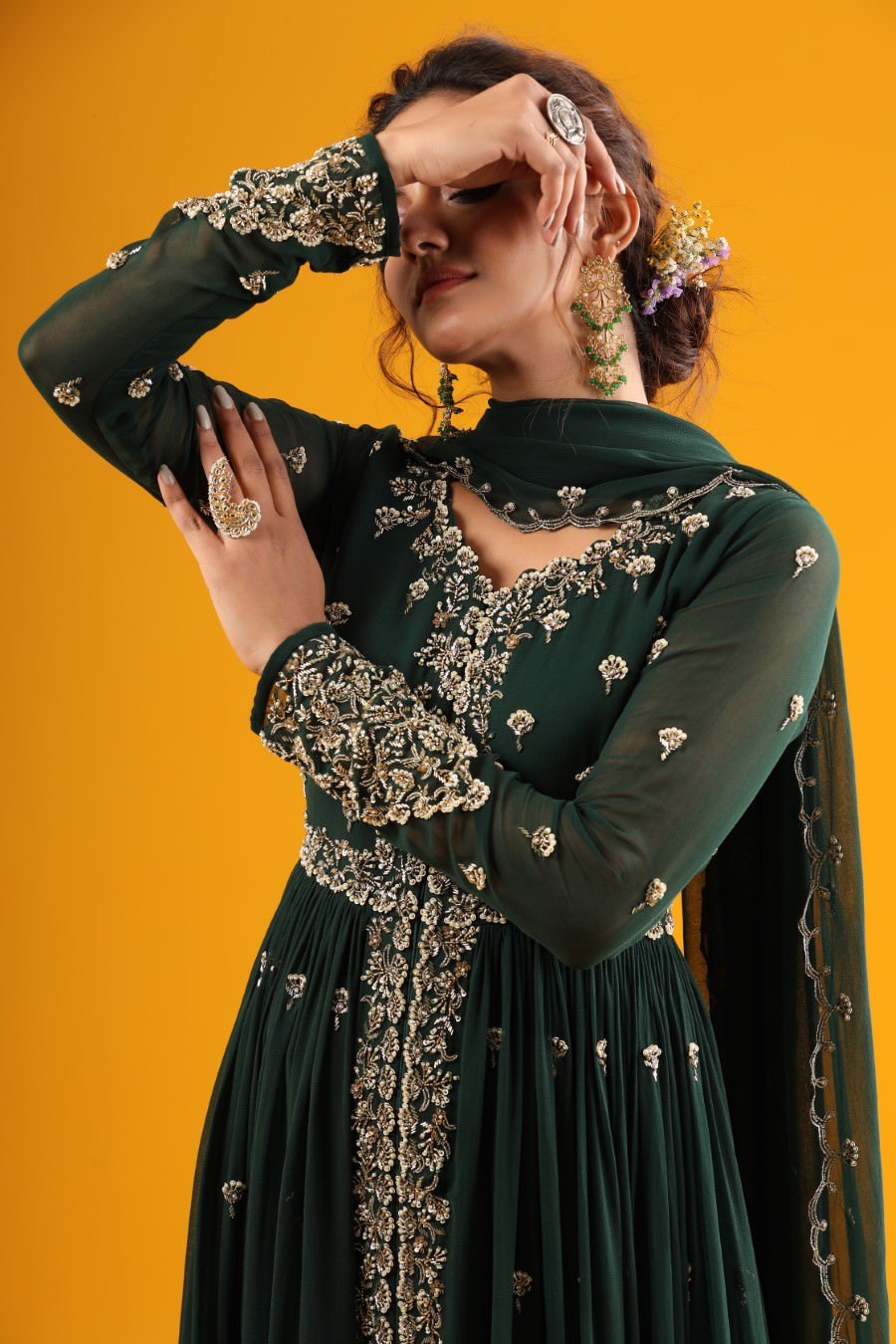 Emerald Green Hand Embroidered Kurta &amp; Palazzo With Dupatta