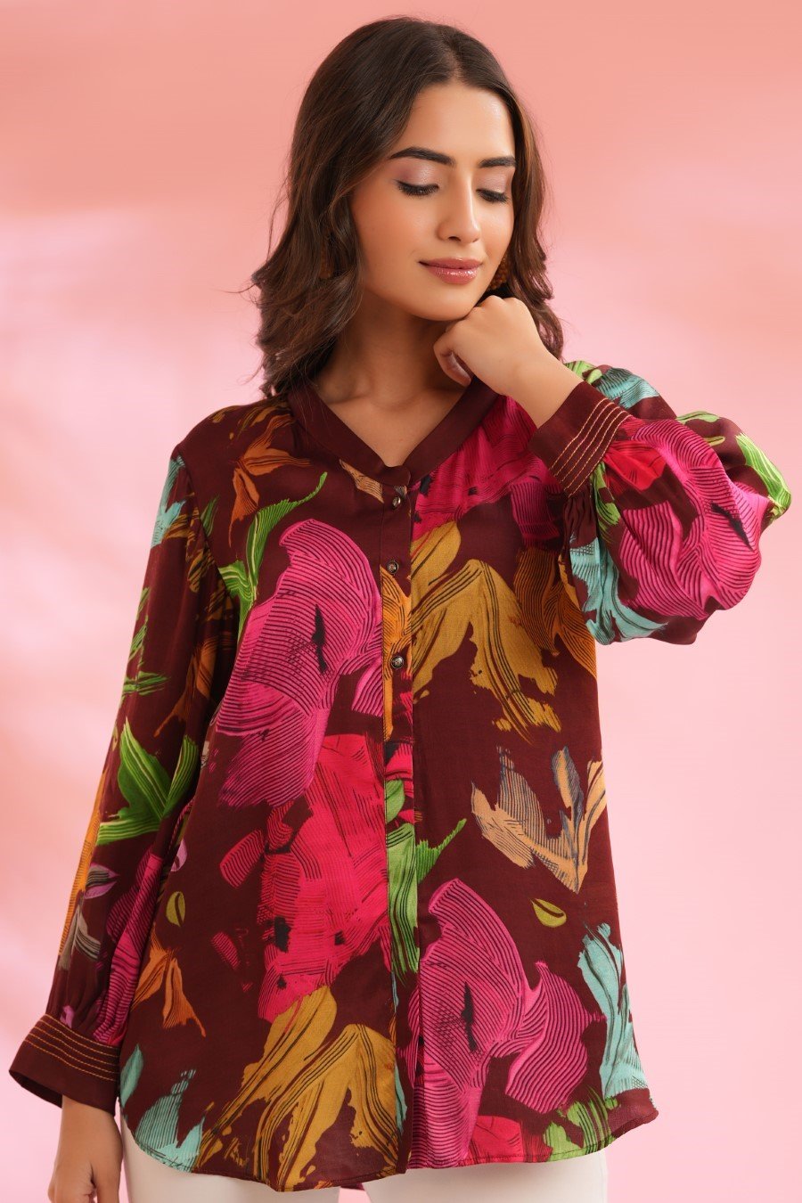 Deep Maroon Printed Crepe Silk Top