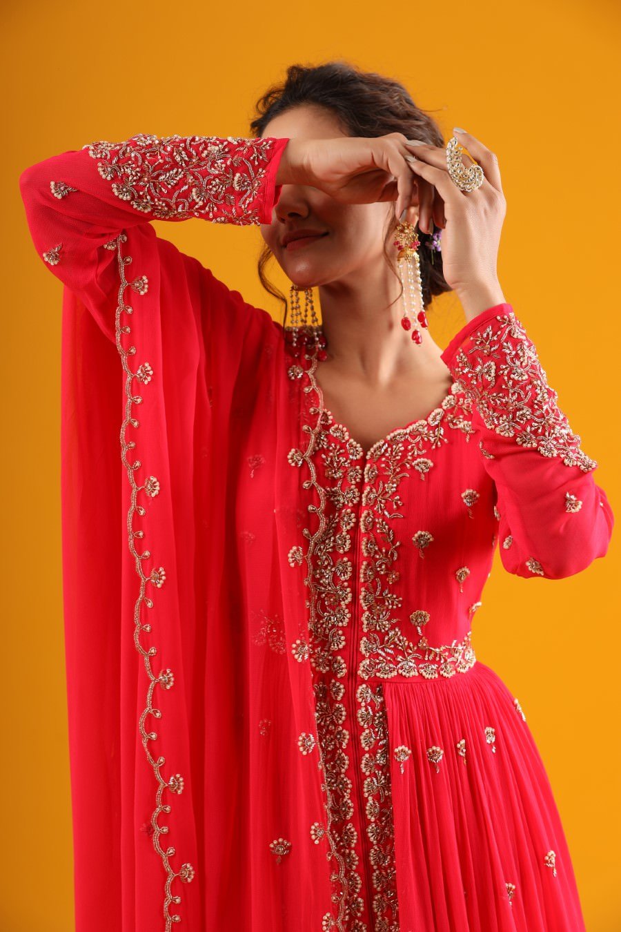 Cherry Pink Hand Embroidered Kurta &amp; Palazzo With Dupatta