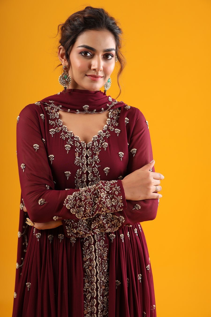 Wine Hand Embroidered Kurta &amp; Palazzo With Dupatta