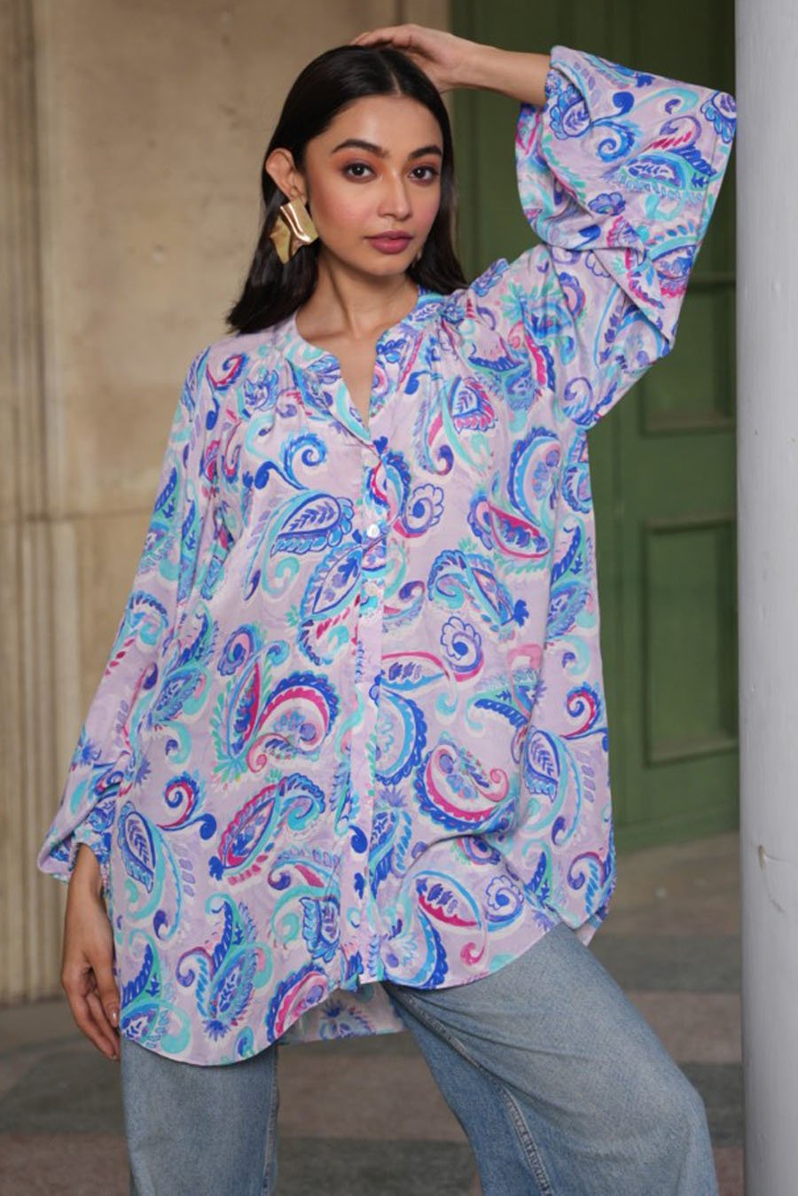 White Paisley Digital Printed Spanish Crepe Top