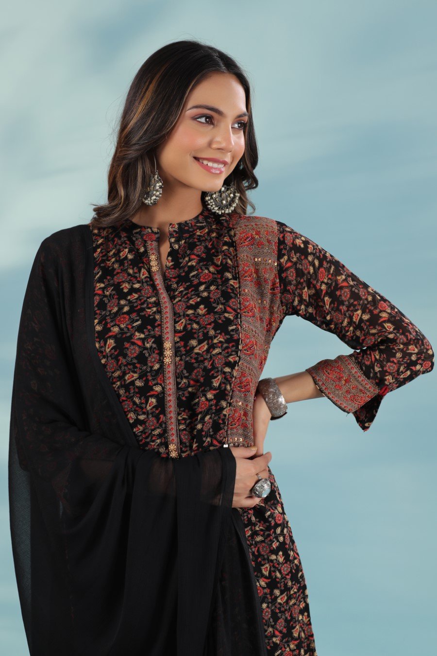 Black Printed Georgette Silk Kurta with Palazzo Set