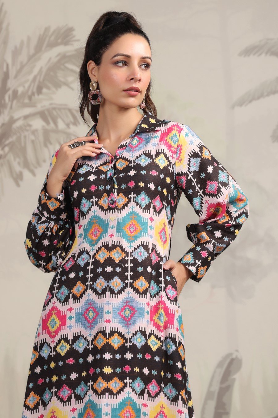 Coloufull Ikat Printed Malai Cotton A-Line Dress