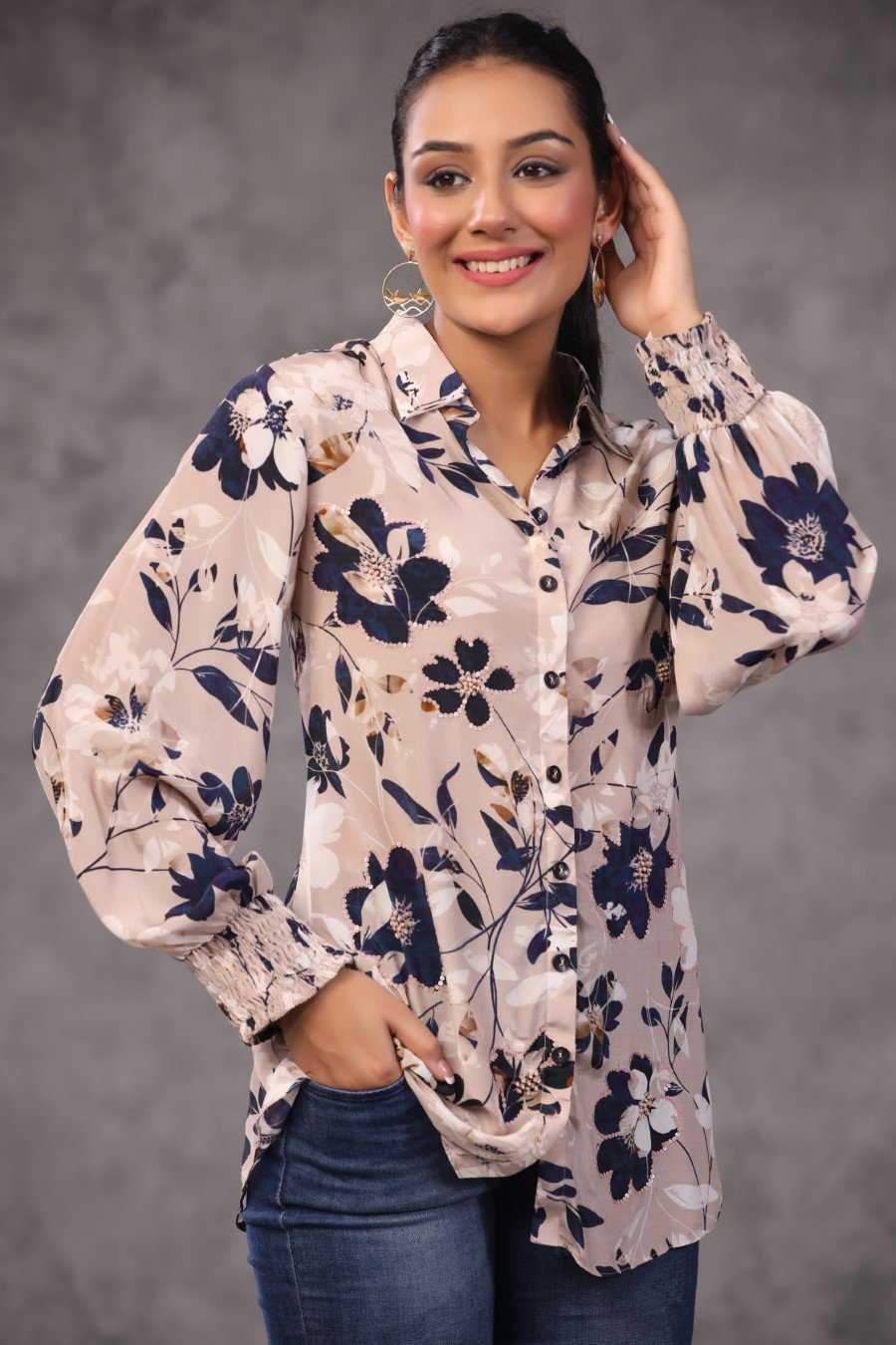 Cream Floral Printed Italian Crepe Top