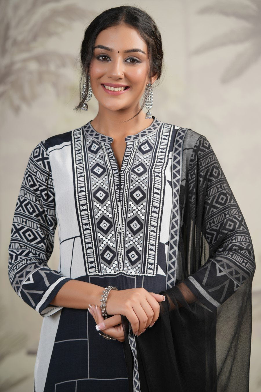 White Abstract Printed Moorish Crepe Kurta Set