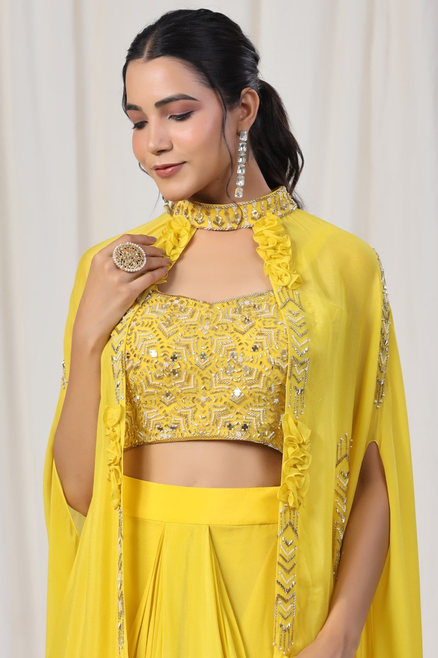 Yellow Embellished Spanish Silk Skirt Top with Cape