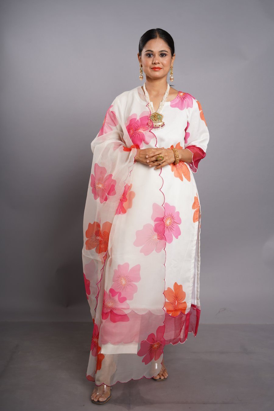 Soft White Floral Chanderi Kurta Set