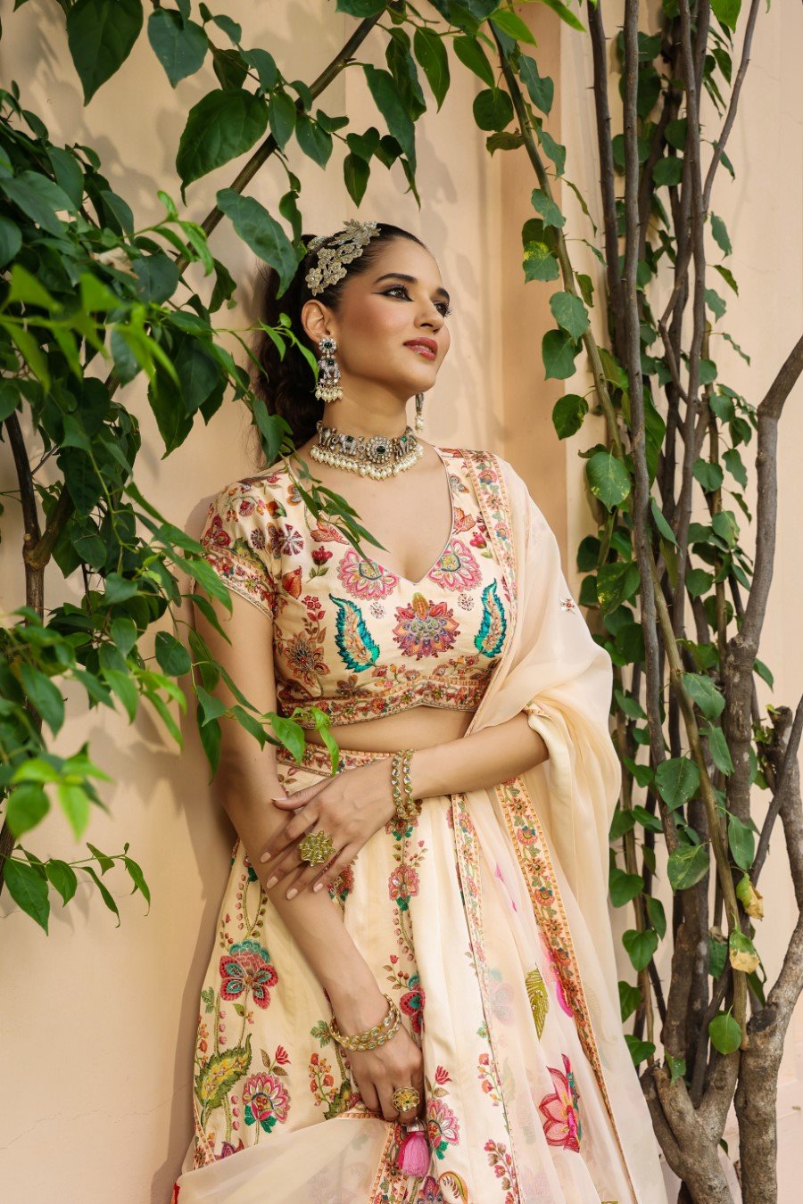 Off White Floral Printed Raw Silk Lehenga Set