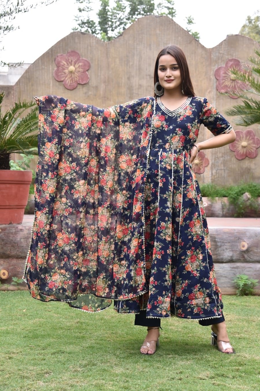 Peacock Blue Floral Chiffon Silk Anarakali Set