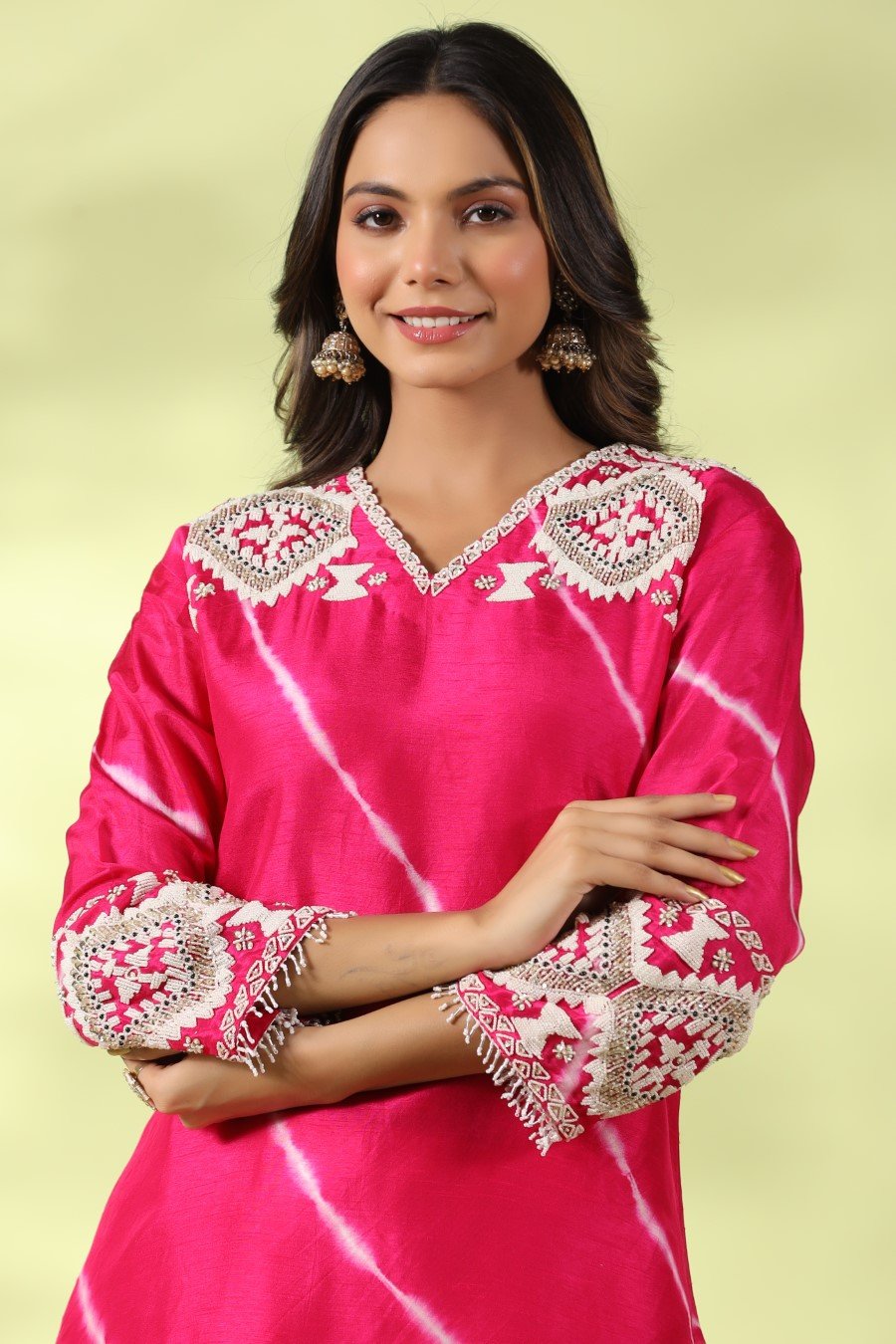 Pink Tie-dyed &amp; Embroidered Asymmetrical Kurta with Palazzo