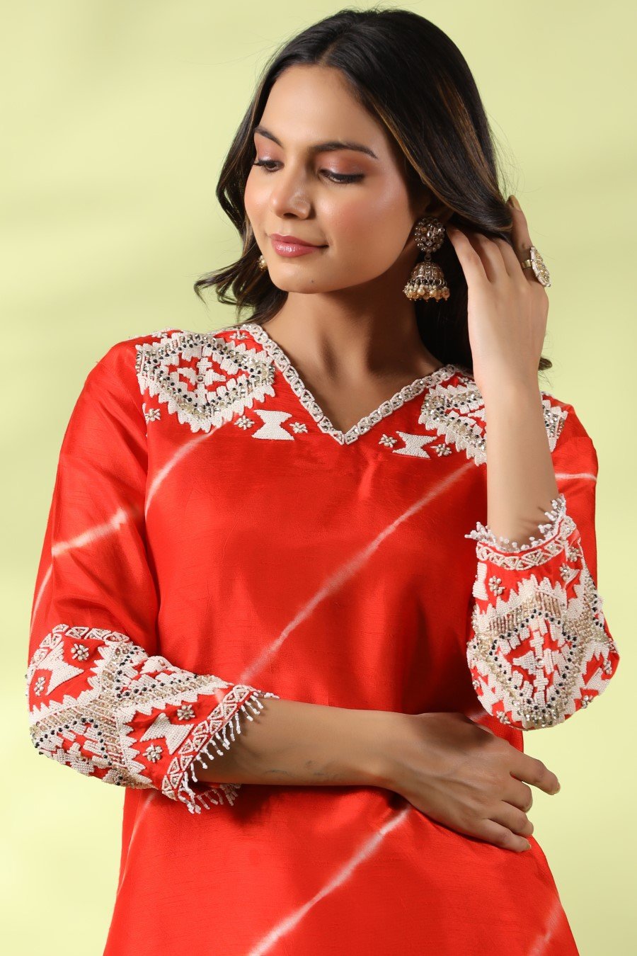 Orange Tie-dyed &amp; Embroidered Asymmetrical Kurta with Palazzo