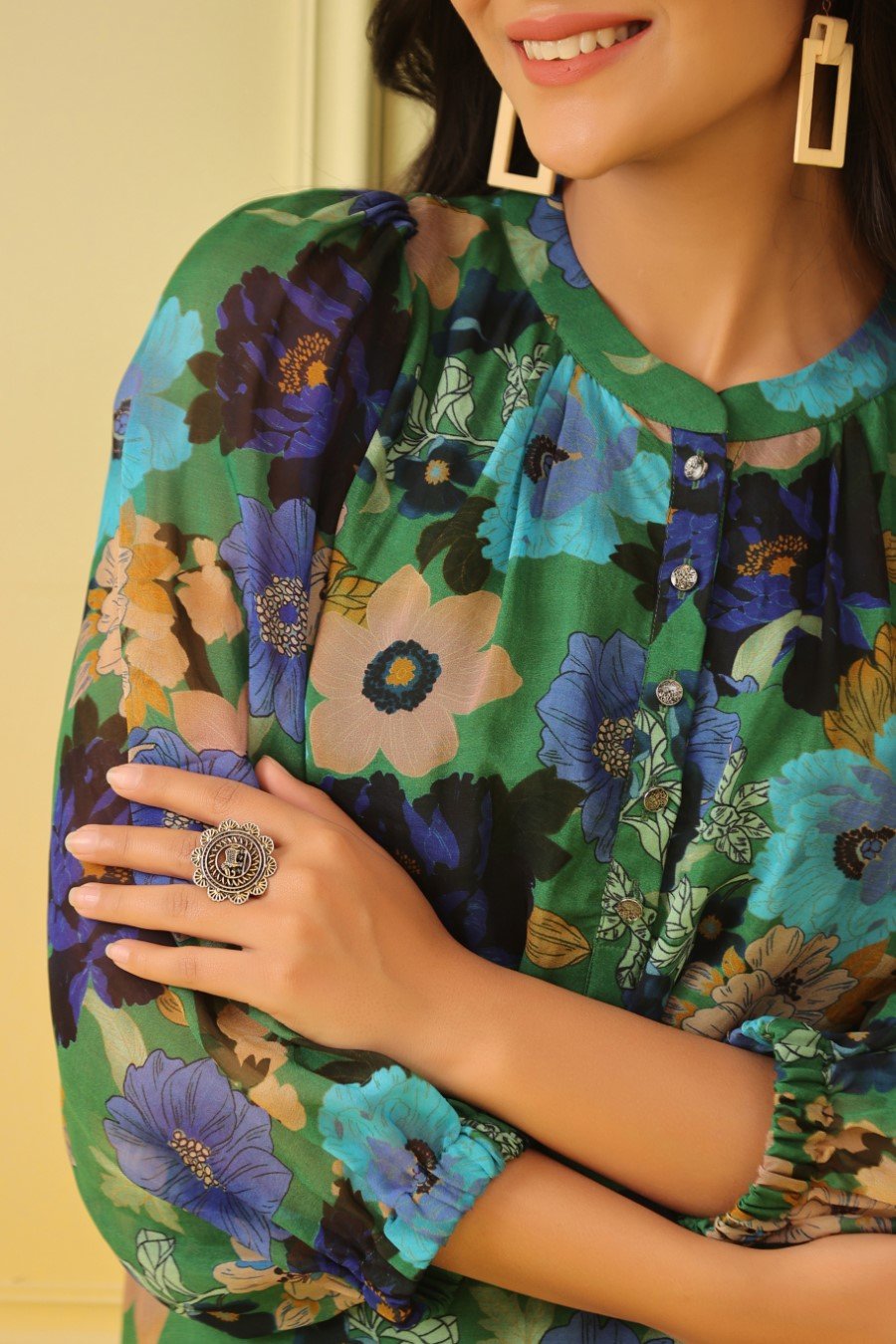 Green Blue Floral Organza Silk Top