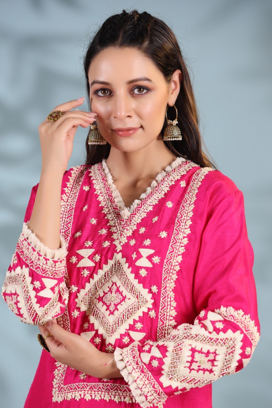 Hot Pink Kashmiri Embroidered Kurta with Palazzo