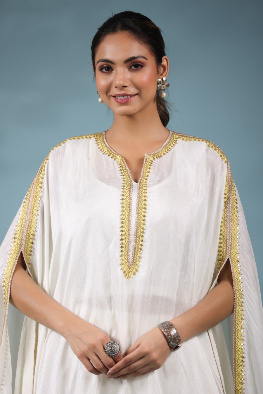 White Zari Embroidered Asymmetrical Tunic & Pants