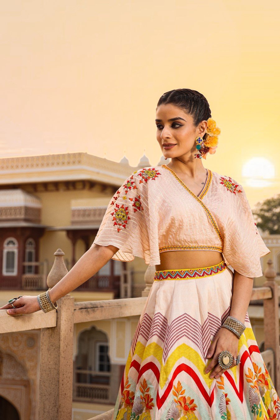 Peach Embroidered Crop Top with Skirt