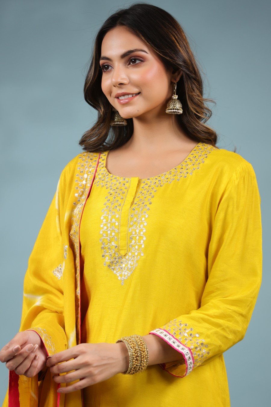 Yellow Chanderi Silk Embroidered Kurta Palazzo Set